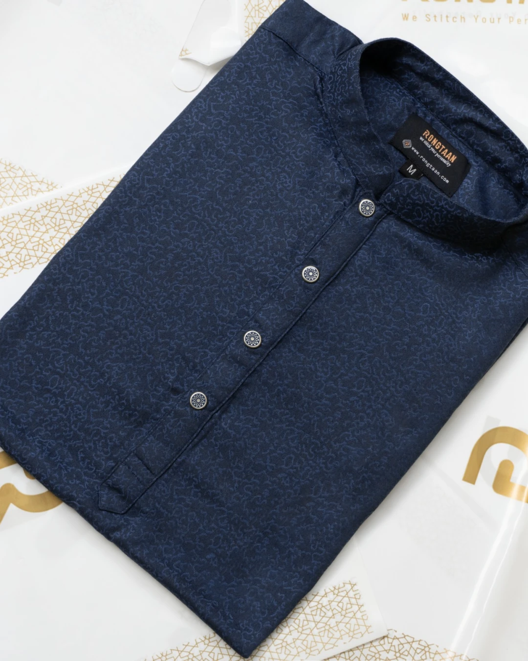 Midnight Blue Jacquard Embroidery Premium Cotton Panjabi