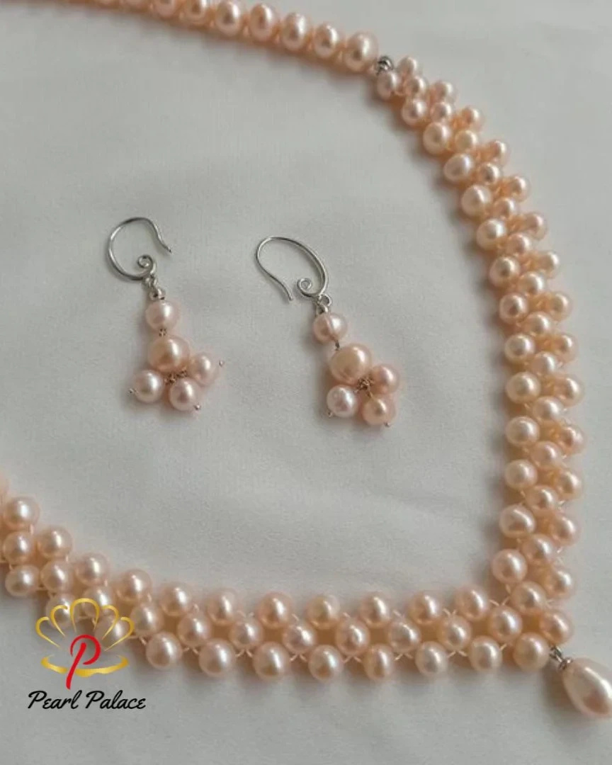 "Rosy Trellis" Pink Freshwater Pearl Necklace Set.