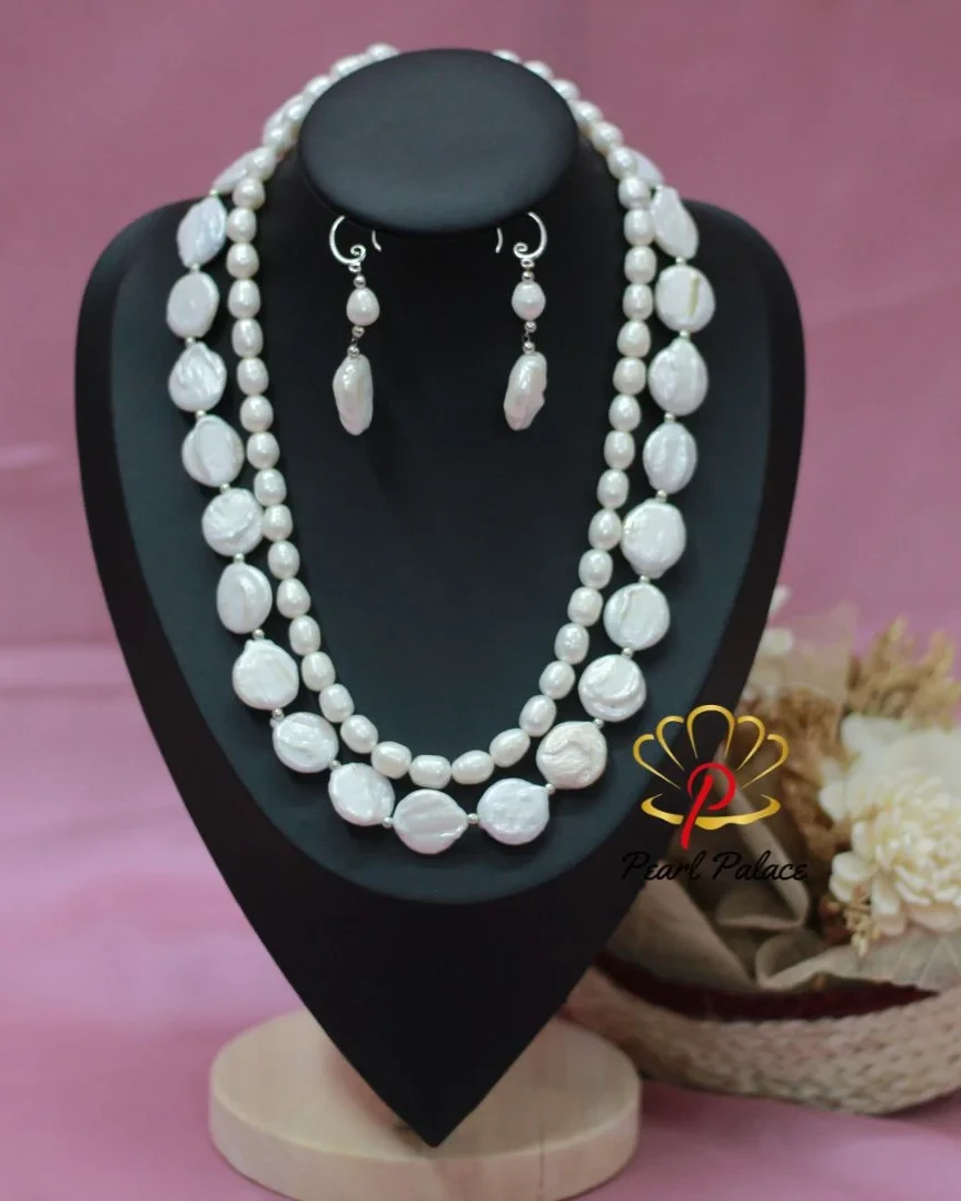 Elegant White Rice & Coin Pearl Necklace Set