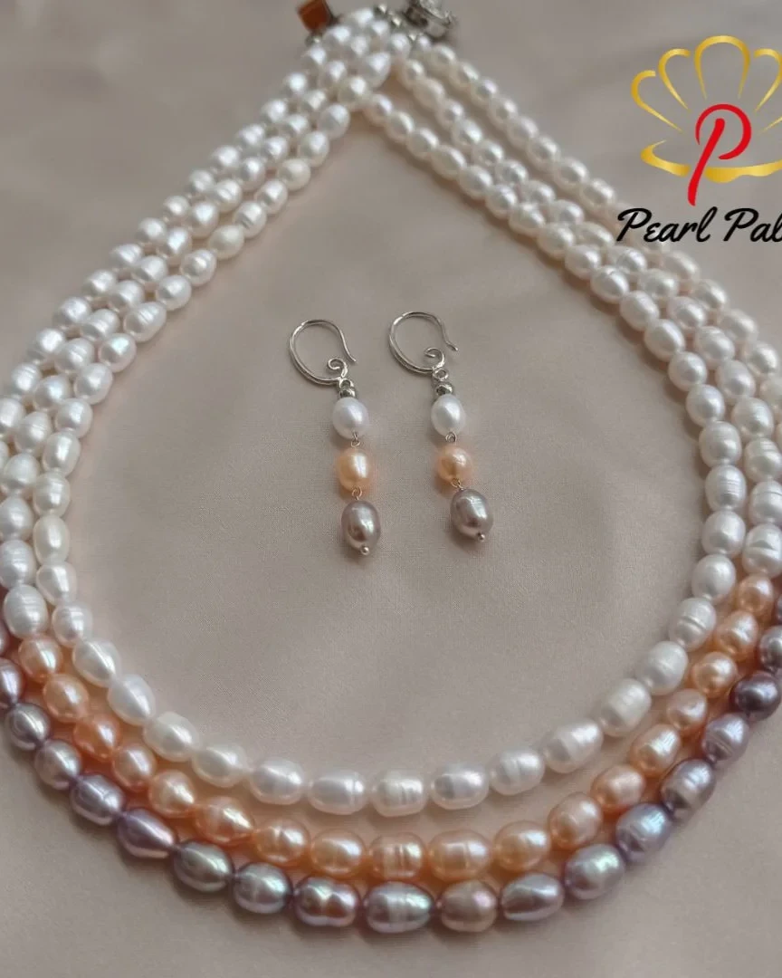 Freshwater Rice pearl 3layer Multi color necklace set