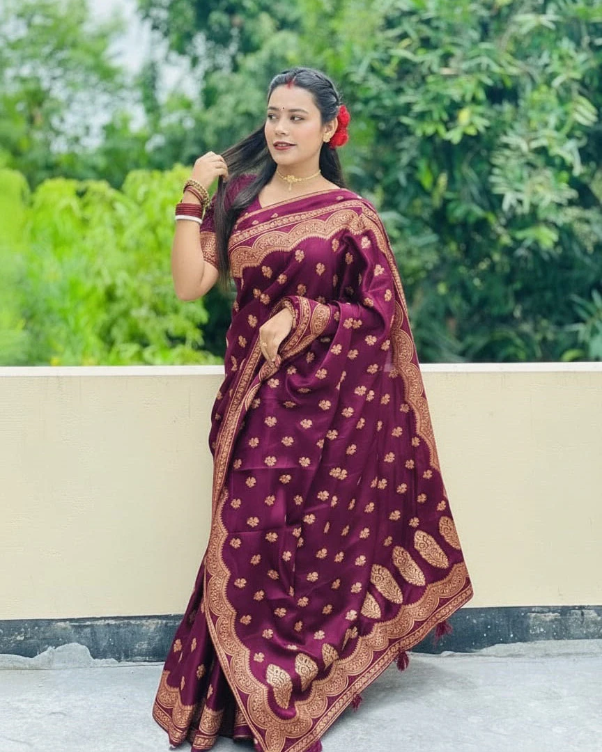 Deep Plum Scalloped Banarasi Saree