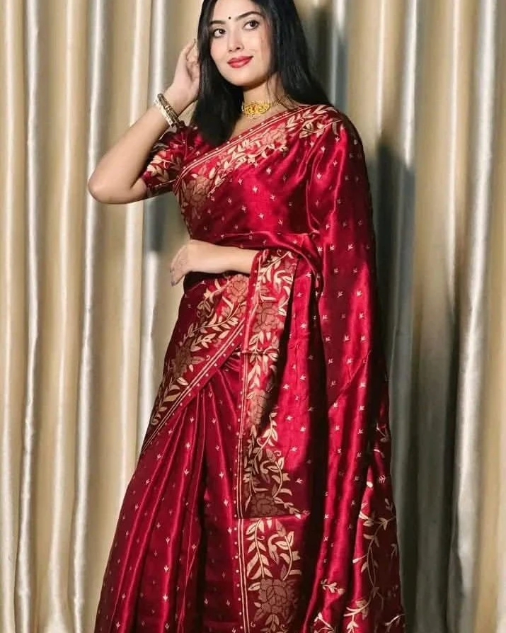Deep Crimson Floral Banarasi Saree