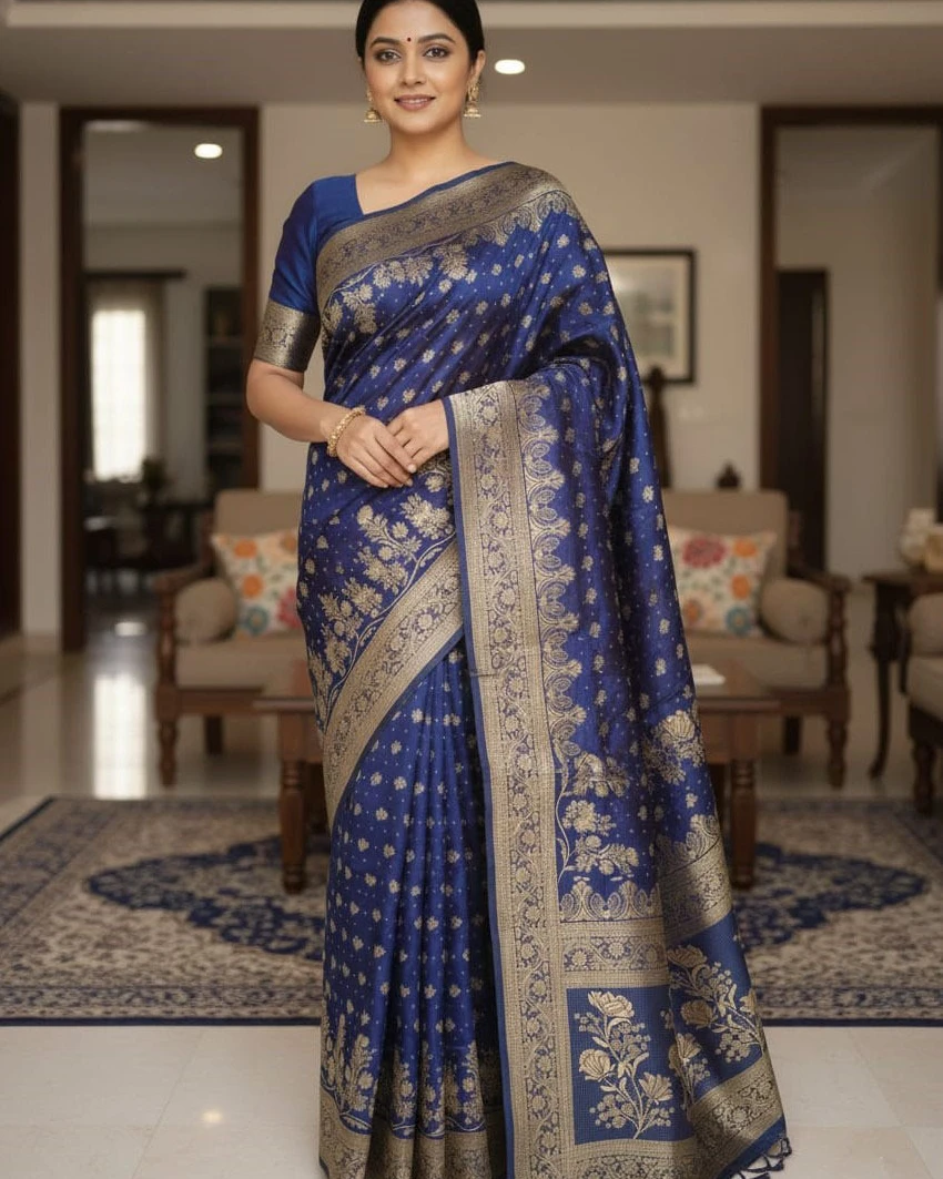 Royal Indigo Floral Silk Saree