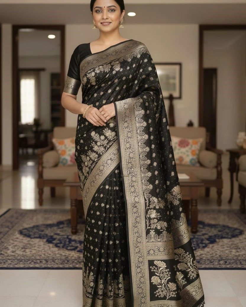 Midnight Onyx Floral Silk Saree