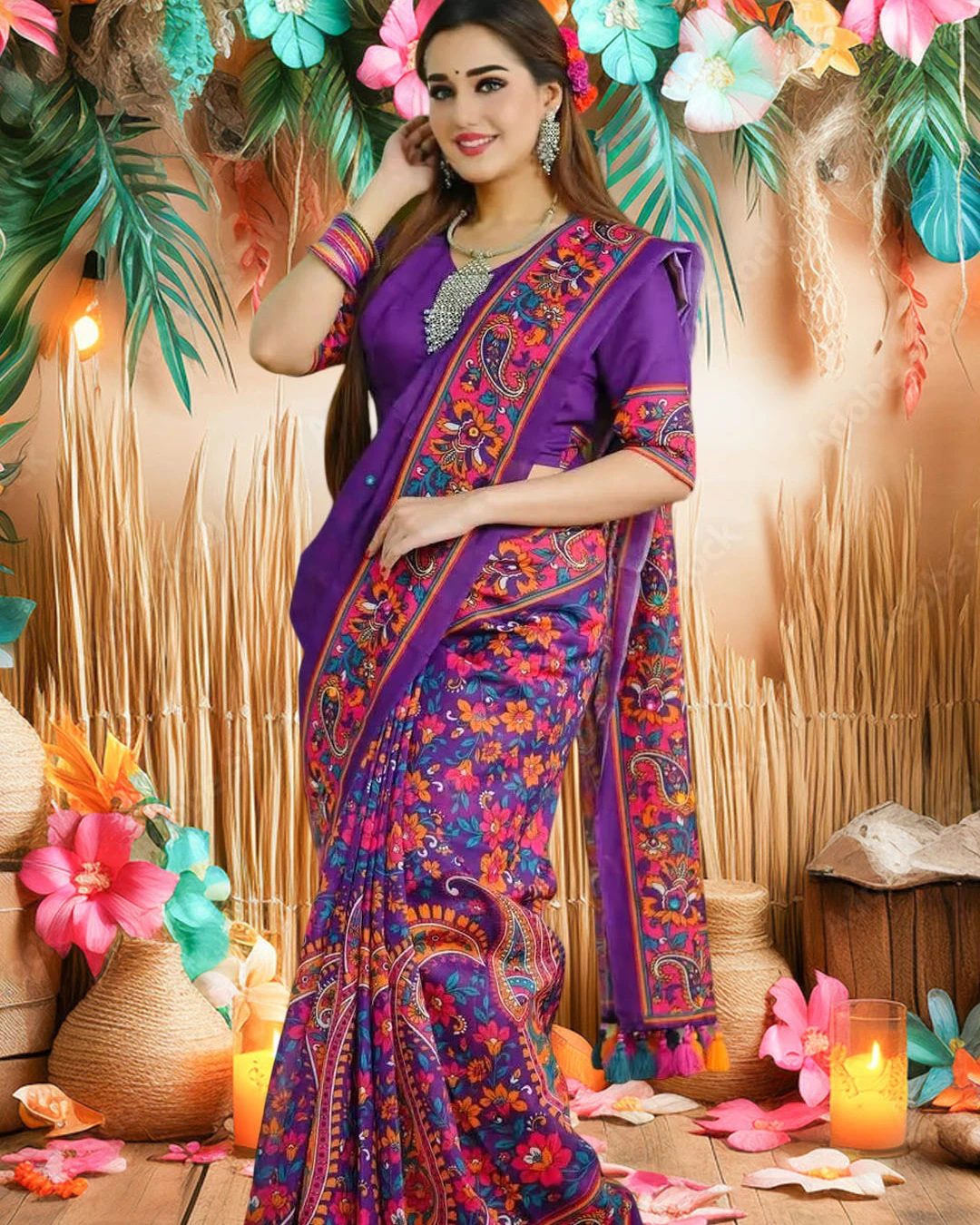 Royal Purple Tanduri Silk Skin-Print Saree