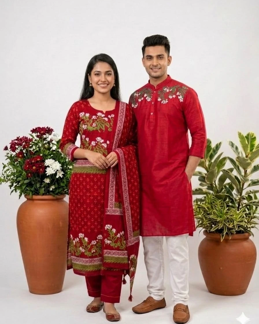 Crimson Red Floral Embroidery Couple Set