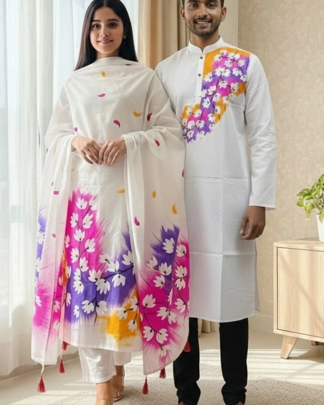 Radiant Orchid & Tangerine Hand-Painted White Set