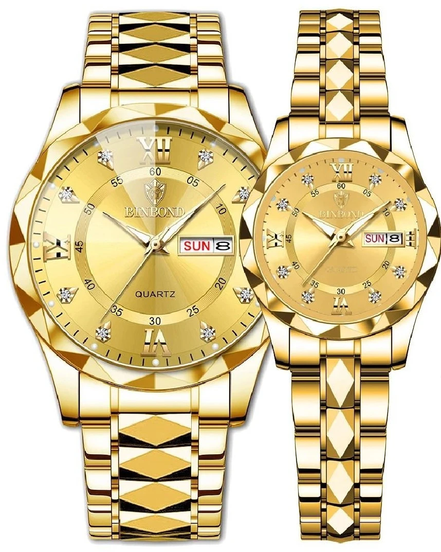 Binbond Imperial Gold Diamond-Cut Luxury Couple Watch Set