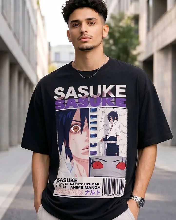 Sasuke Anime Statement Drop Shoulder T-Shirt-Black