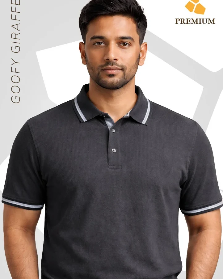 GoofyGiraffe”Premium Stripe Collar” Black Polo T-Shirt