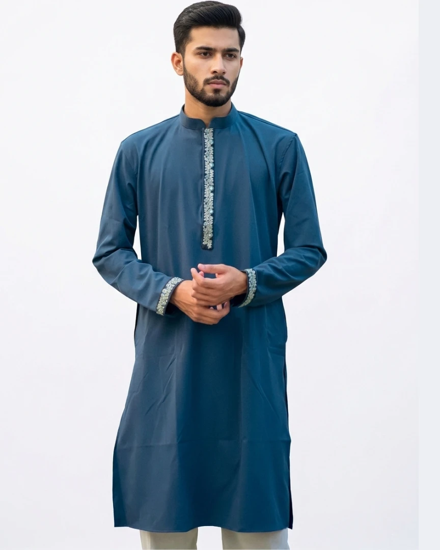 Mens Teal Floral Panjabi - Navy Blue