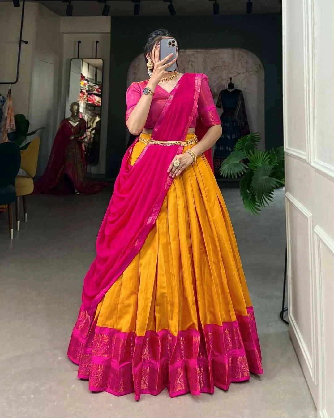 Heritage Gold & Fuchsia Kanchipuram Silk Lehenga Choli