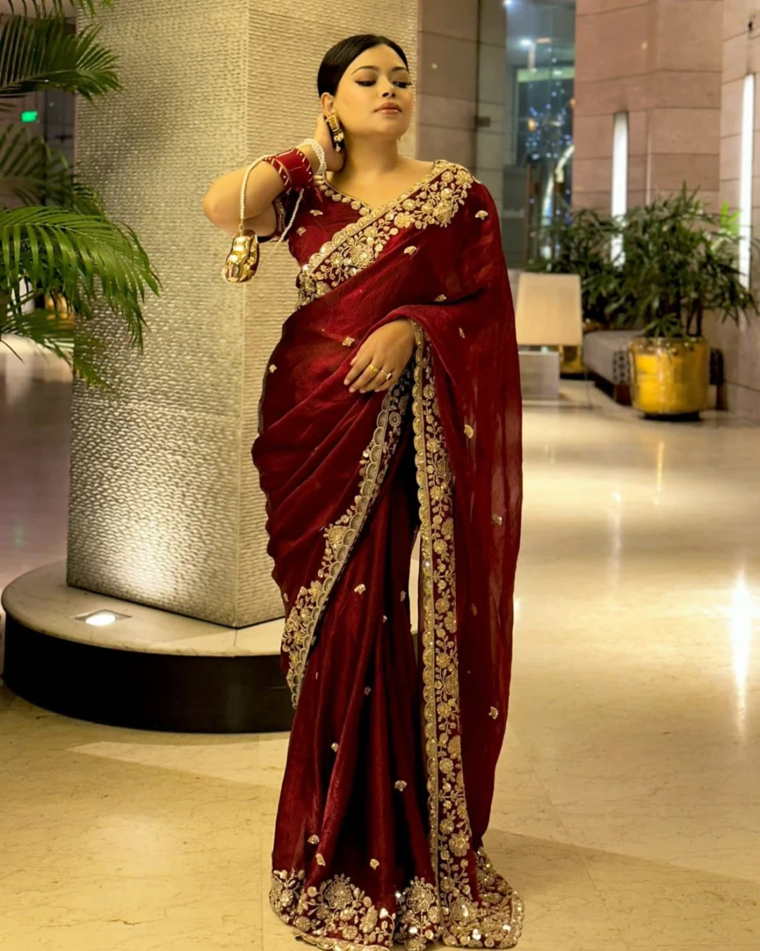 Regal Crimson Embroidered Silk Saree