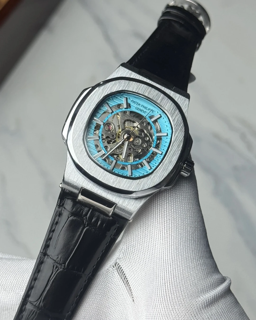 Patek Skeleton Black Leather Tiffany Dial