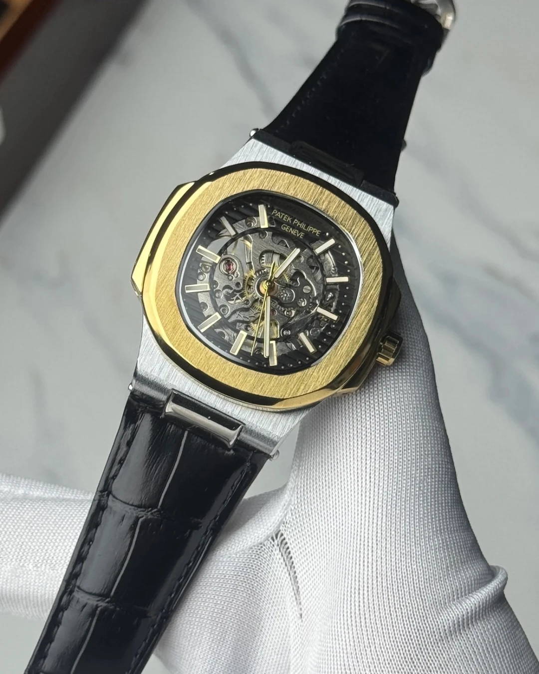 Patek Skeleton Black Leather Golden Bezel Black Dial