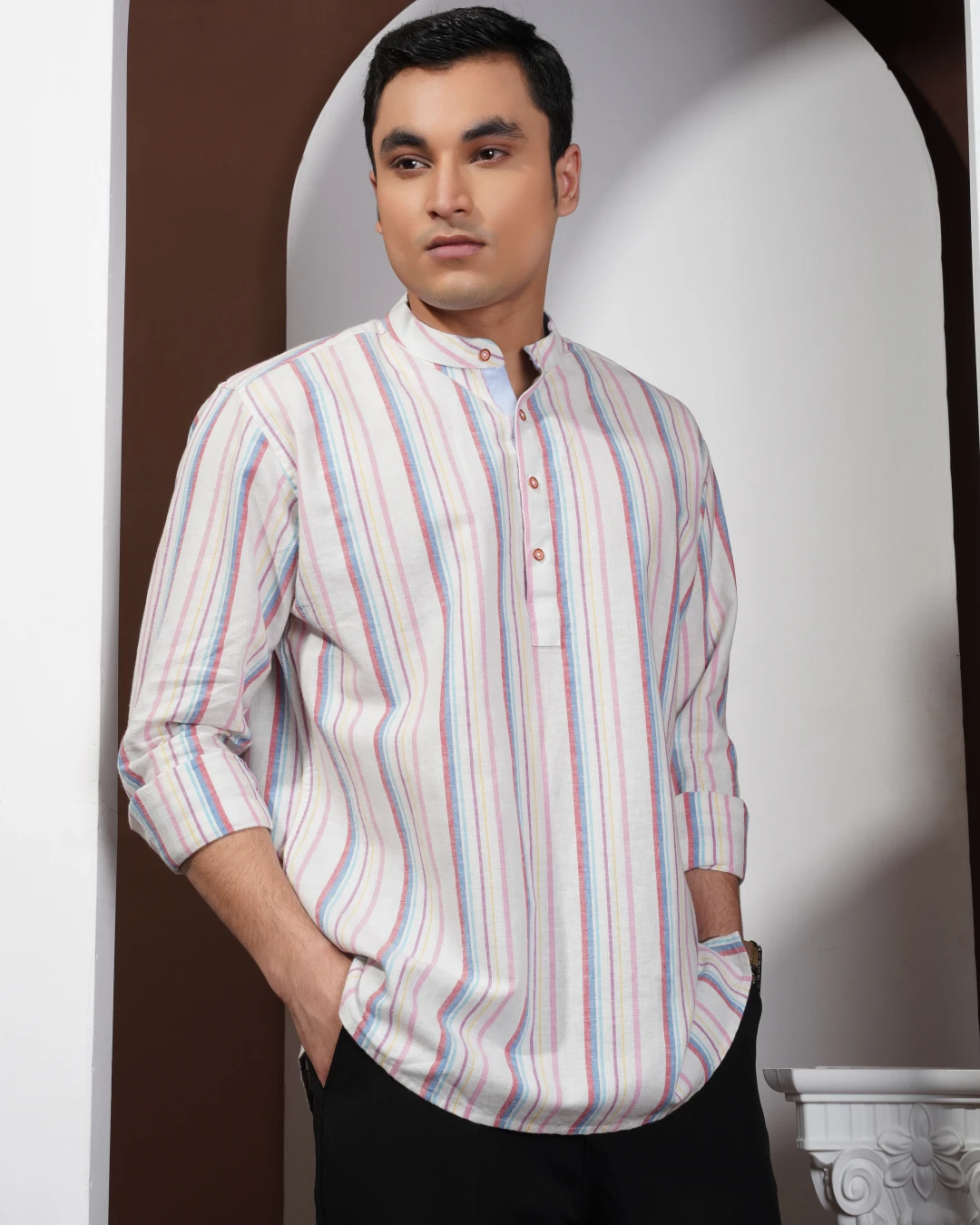 White base with multicolor vertical stripes