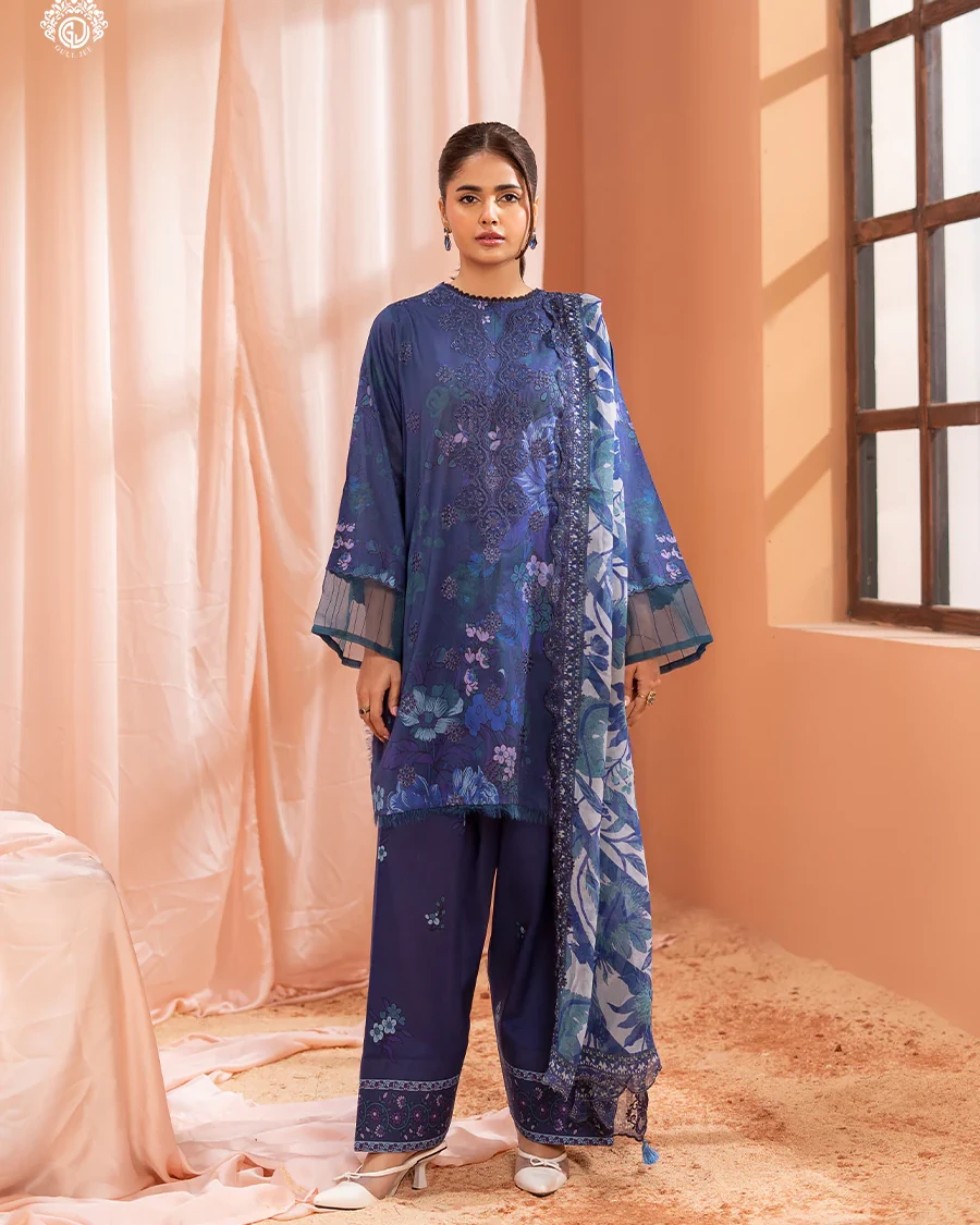 Pakistani Mishaal V3 Unstitched Three Piece Lawn -Cobalt Blue