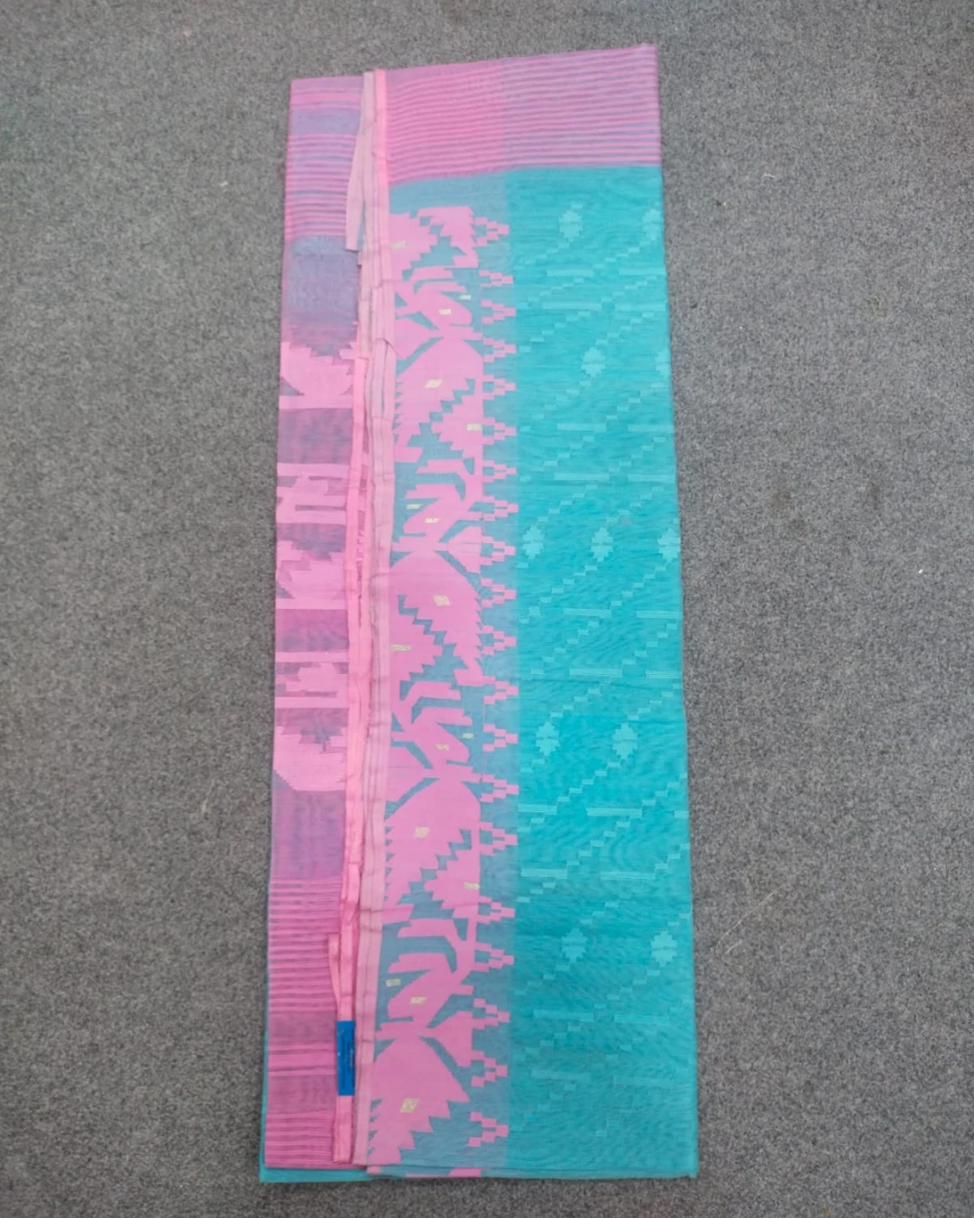 Turquoise Blue and Pastel Pink Floral Motif Handloom Ransom Silk Jamdani Saree