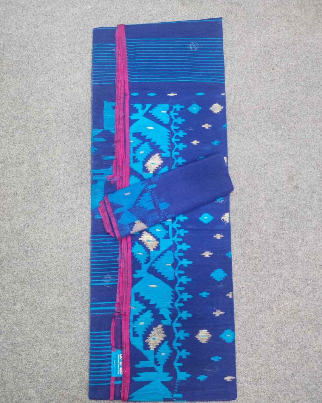 Royal Blue and Electric Blue Geometric Handloom Ransom Silk Jamdani Saree