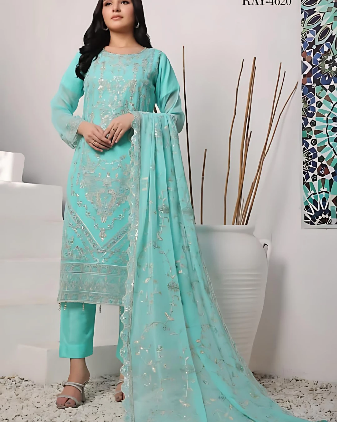 Pakistani Bin Hameed Middhat Embroidered Unstitched Chiffon Three Piece - Downy