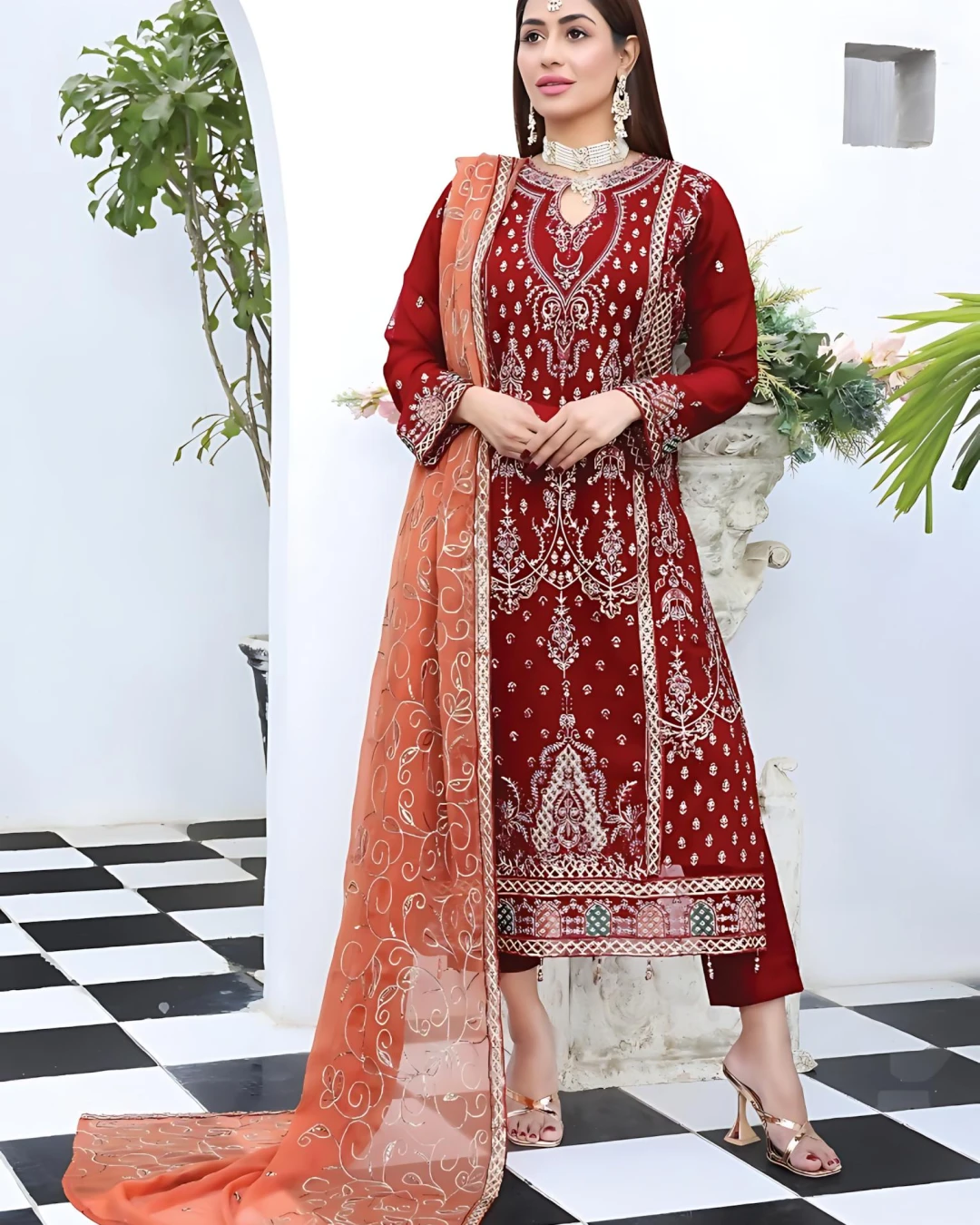 Pakistani Bin Hameed Middhat Embroidered Unstitched Chiffon Three Piece - Tabasco