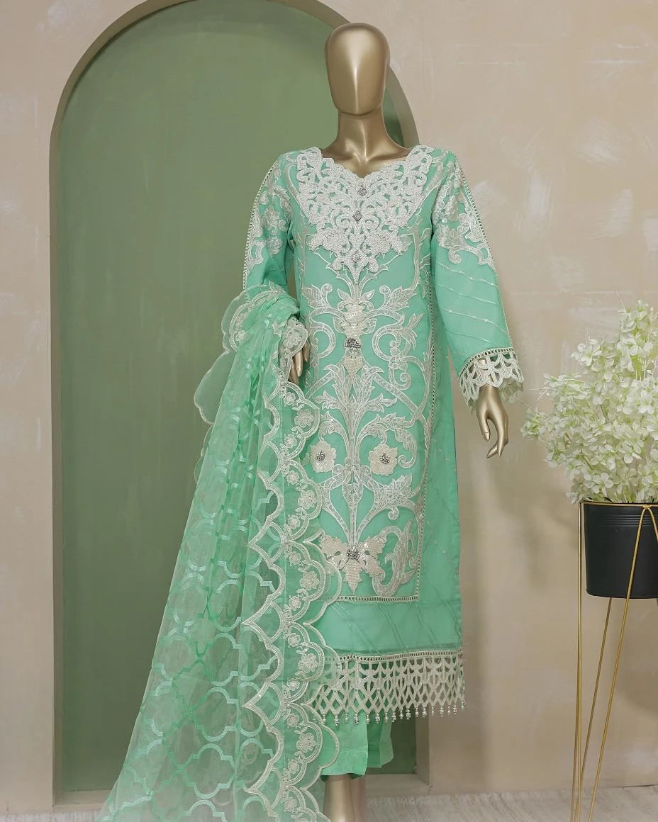 Pakistani Lavish Karchupi Worked Unstitched Organza Three Piece - Neptune