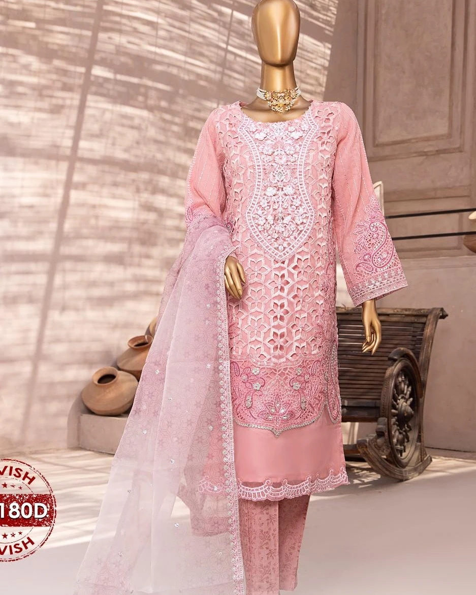 Pakistani Lavish Karchupi Worked Unstitched Organza Three Piece - Blush