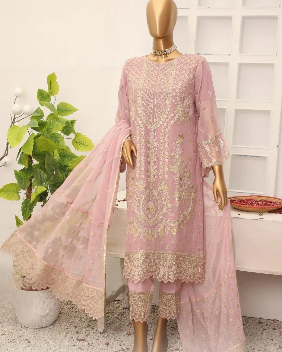 Pakistani Lavish Karchupi Worked Unstitched Organza Three Piece - Petite Orchid