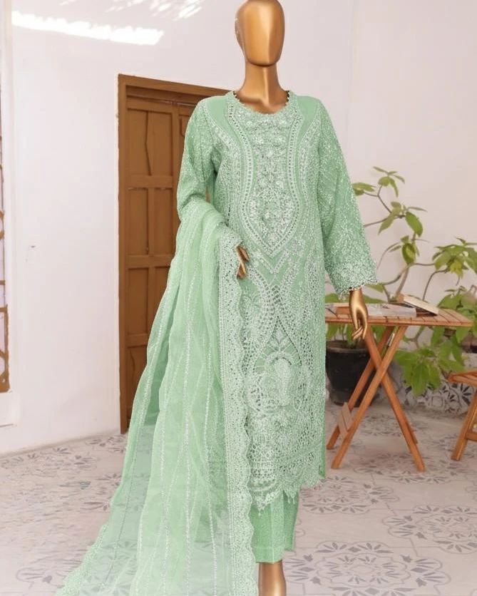 Pakistani Lavish Karchupi Worked Unstitched Organza Three Piece - Lichen