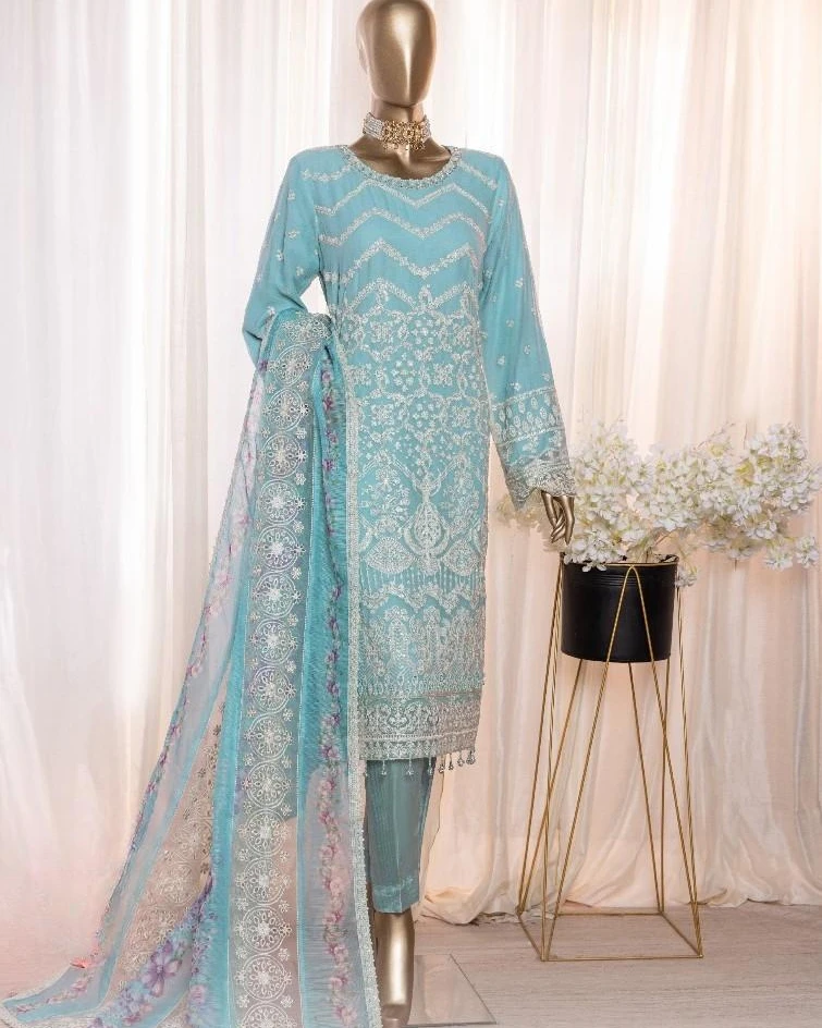 Pakistani Lavish Heavy Embroidered Unstitched Organza Three Piece - Verdigris