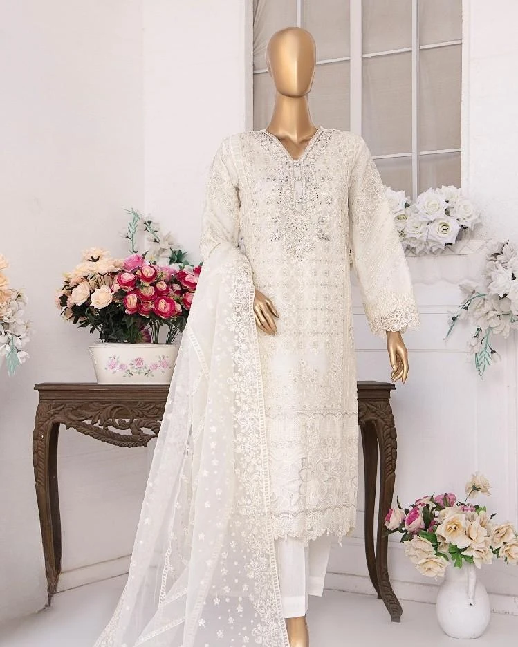 Pakistani Lavish Heavy Embroidered Unstitched Chiffon Three Piece - Vanilla