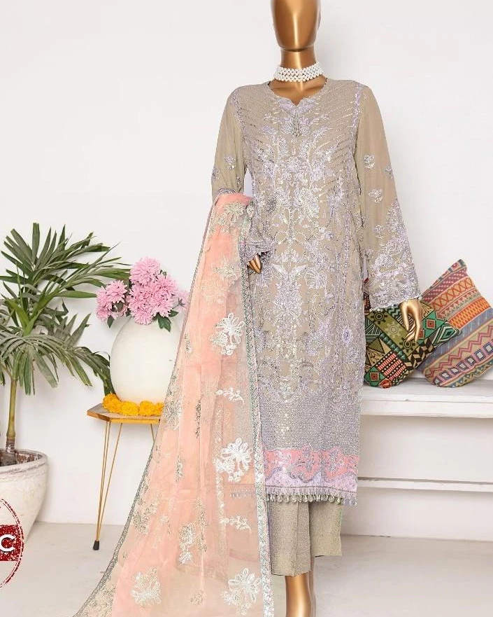 Pakistani Lavish Heavy Embroidered Unstitched Chiffon Three Piece - Fawn