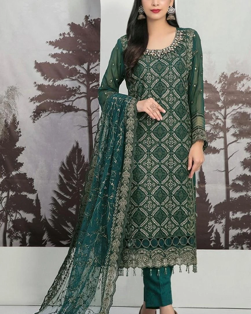 Pakistani Tawakkal Neshama Unstitched Luxury Chiffon Three Piece - Everglade