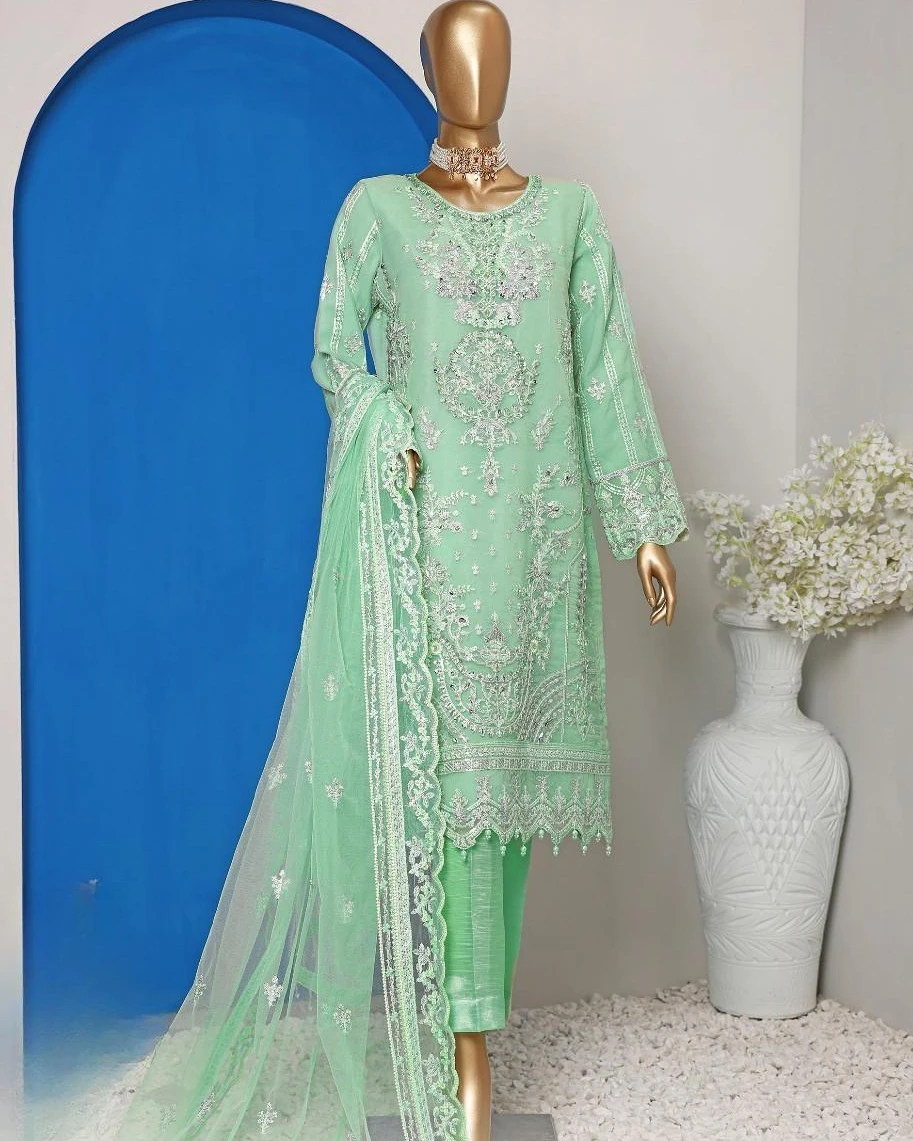 Pakistani Lavish Karchupi Worked Unstitched Organza Three Piece - Surf