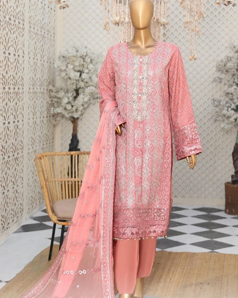 Pakistani Lavish Heavy Embroidered Unstitched Organza Three Piece - Petite Orchid