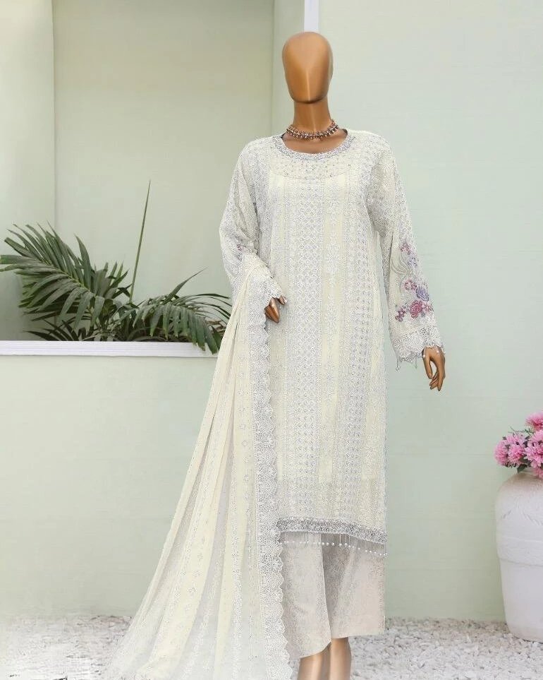 Pakistani Lavish Heavy Embroidered Unstitched Organza Three Piece - White