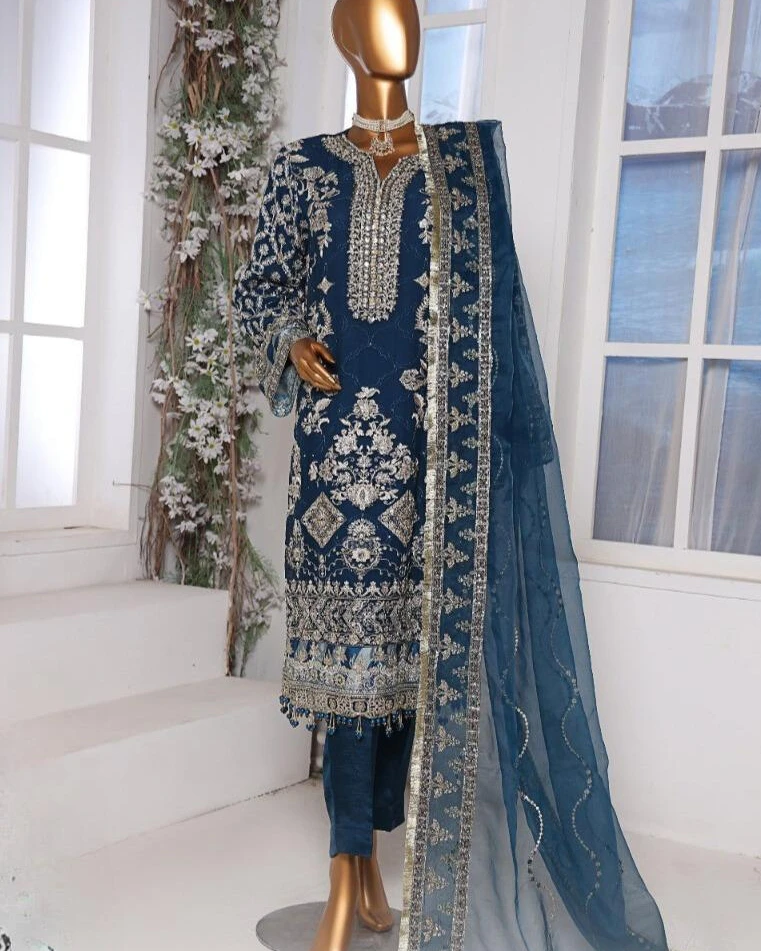 Pakistani Lavish Heavy Embroidered Unstitched Organza Three Piece - Blue Zodiac