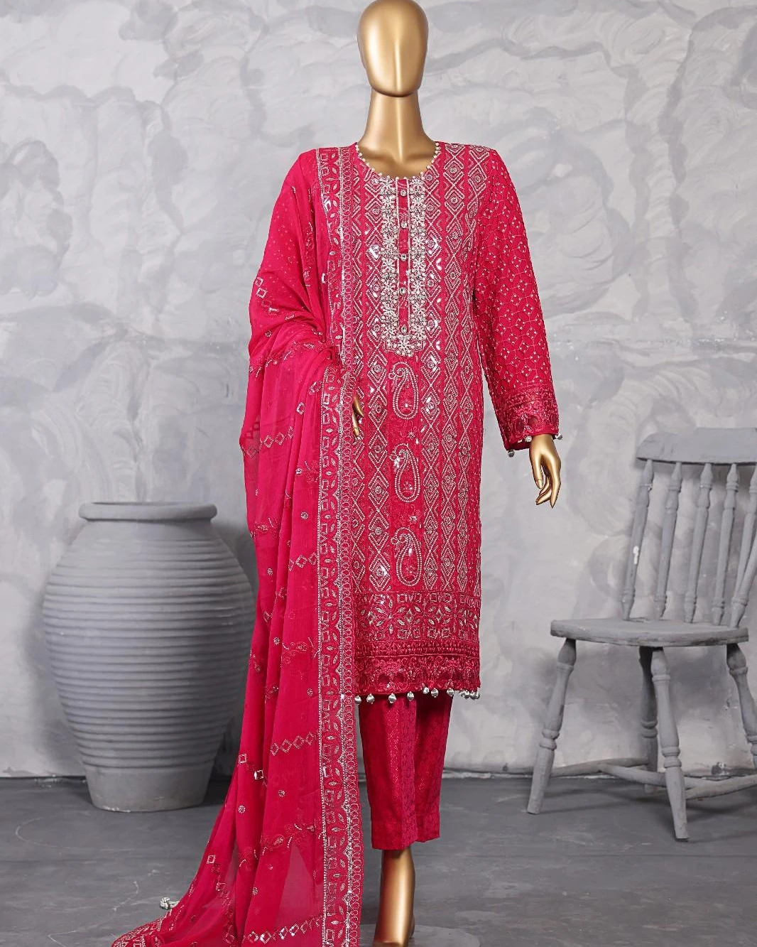 Pakistani Lavish Heavy Embroidered Unstitched Organza Three Piece - Cardinal