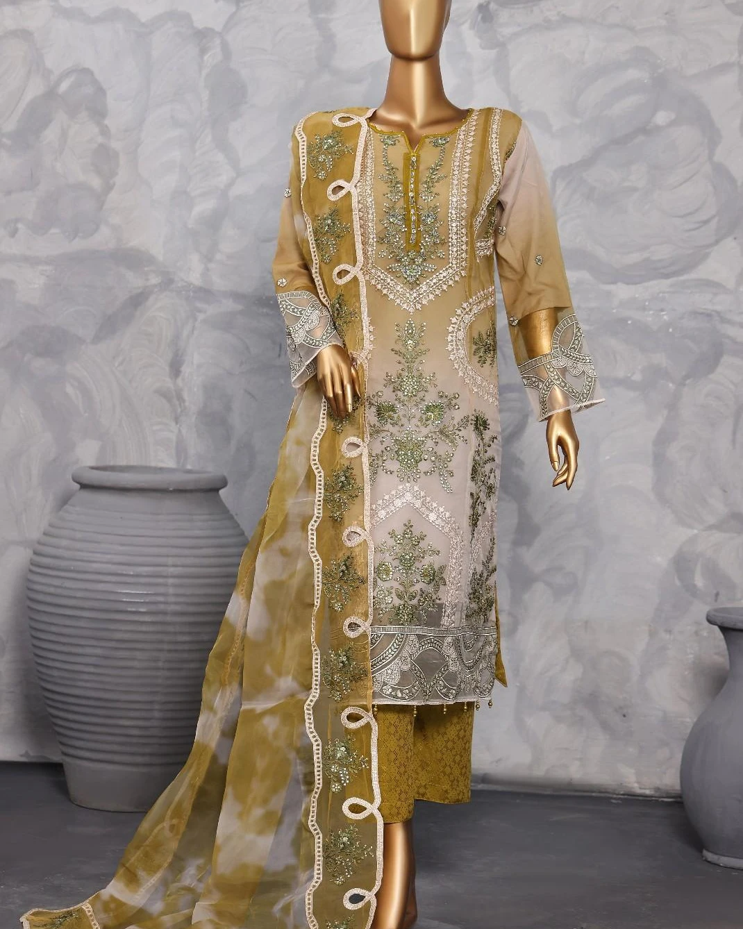 Pakistani Lavish Heavy Embroidered Unstitched Organza Three Piece - Pesto