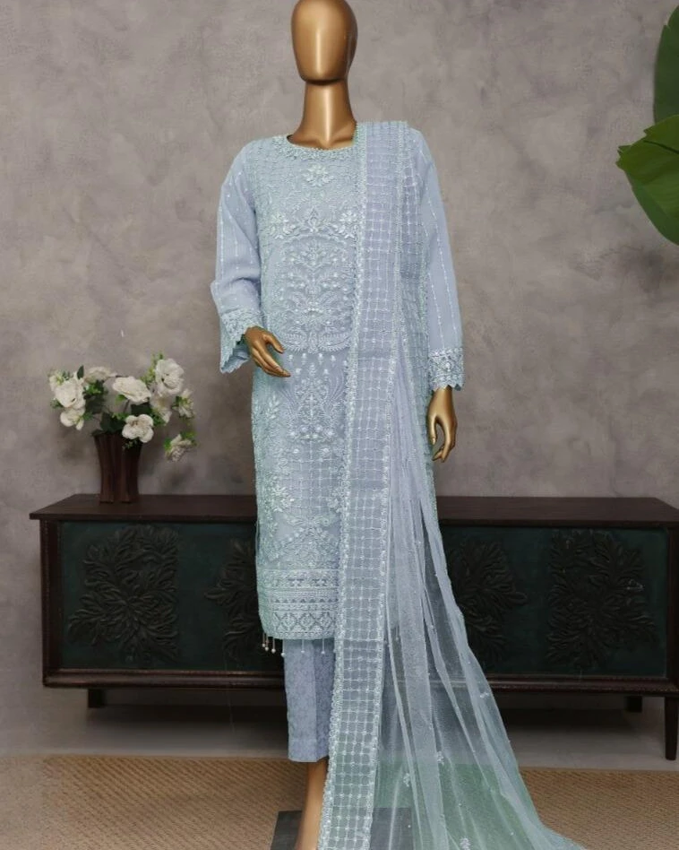 Pakistani Lavish Heavy Embroidered Unstitched Organza Three Piece - Spun Pearl
