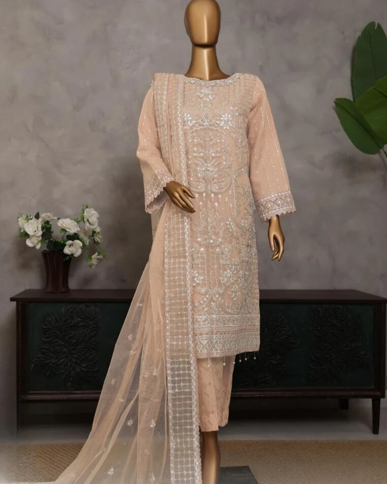 Pakistani Lavish Heavy Embroidered Unstitched Organza Three Piece - Light Taupe