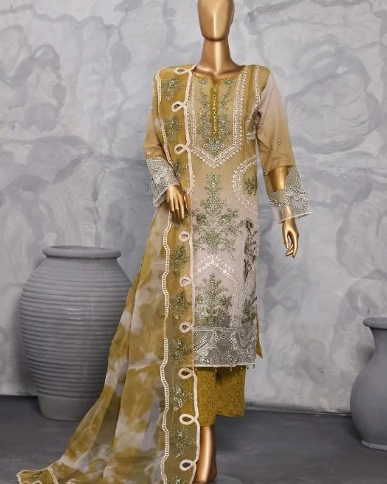 Pakistani Lavish Heavy Embroidered Unstitched Organza Three Piece - Limed Oak