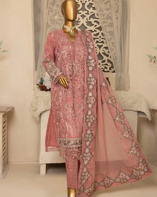 Pakistani Hadaya Heavy Embroidered Unstitched Organza Three Piece - Rose Vale