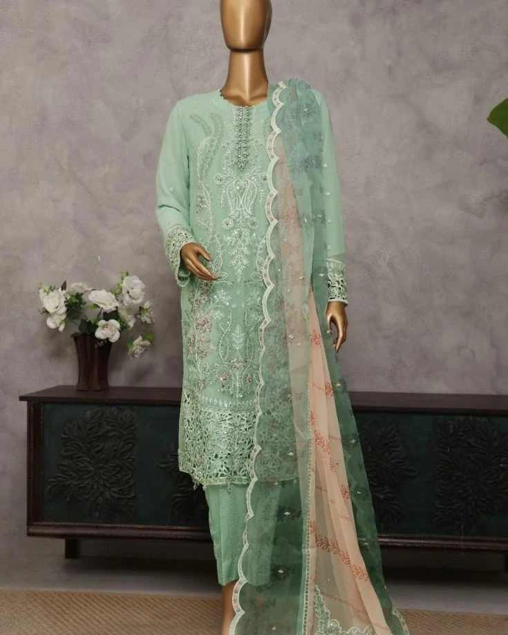 Pakistani Lavish Heavy Embroidered Unstitched Chiffon Three Piece - Slate Green