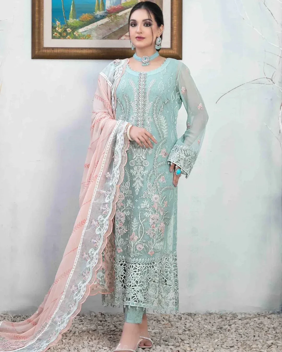 Pakistani Alsaba Unstitched Luxury Chiffon Three Piece - Coral Blue