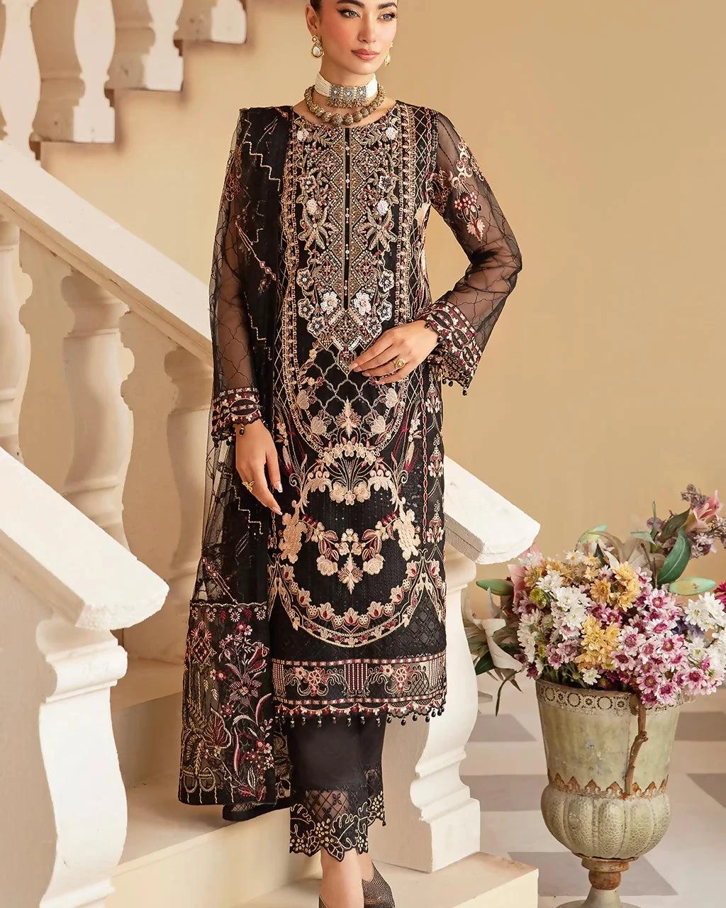Pakistani Minhal by Ramsha Embroidered Organza Unstitched Three Piece - Dark