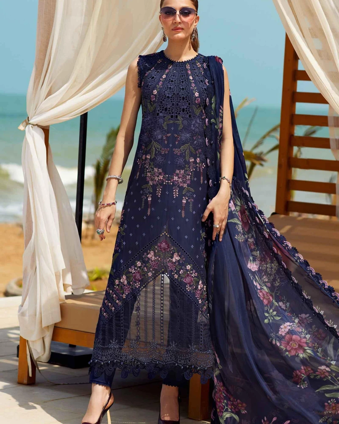 Pakistani Shareef Khanani Embroidered Unstitched Lawn Three Piece - Nile Blue
