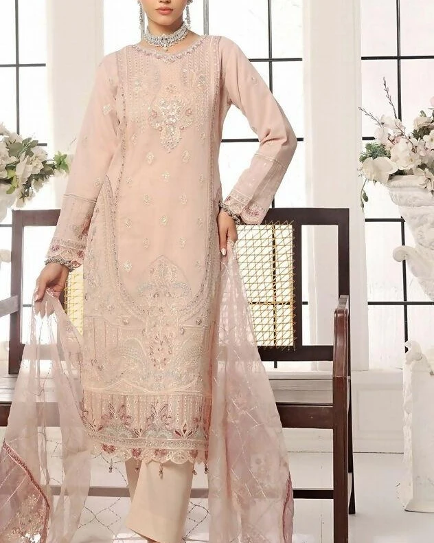 Pakistani Bin Hameed Horain Luxury Embroidered Unstitched Chiffon Three Piece - Blush