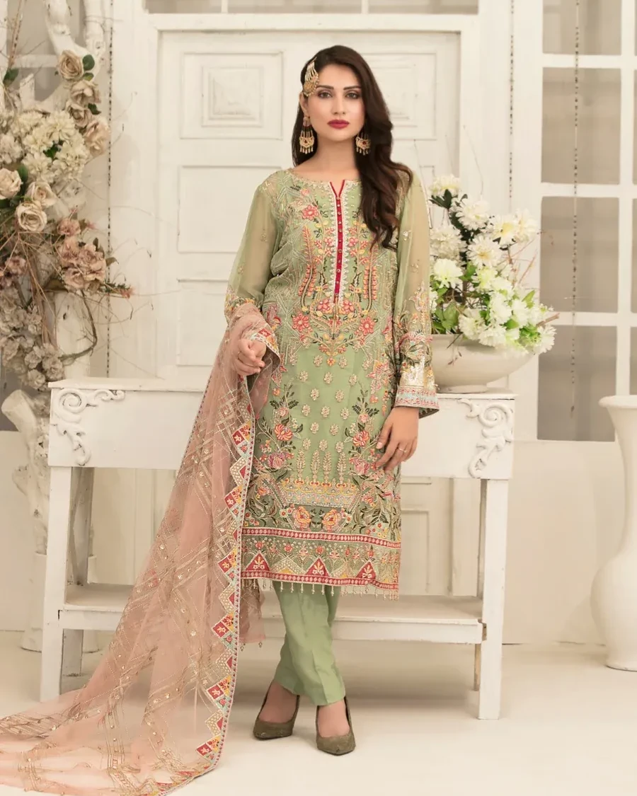 Pakistani Tasavvur Unstitched Luxury Chiffon Three Piece - Green Smoke