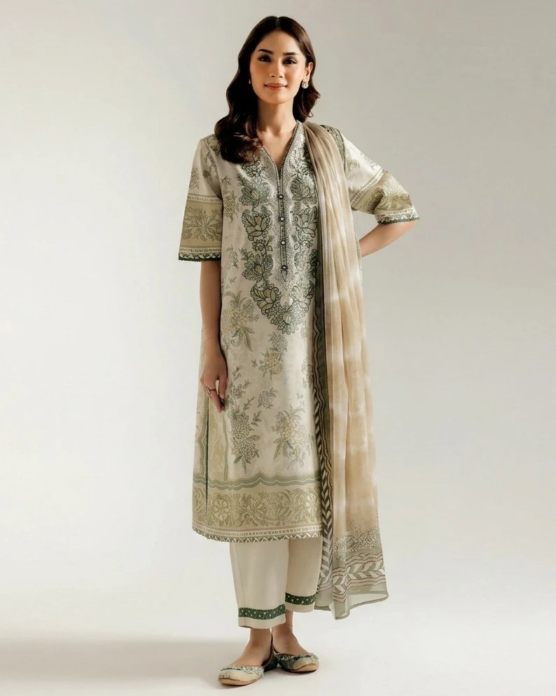 Ethnic Olive Sage Embroidered Printed Lawn 3-Piece Suit